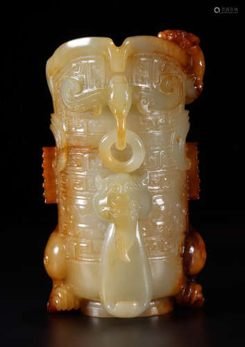 HETIAN JADE CUP CARVED WITH BEAST PATTERN