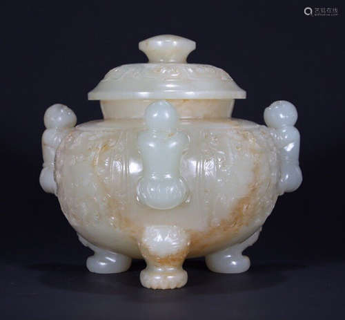 HETIAN JADE CENSER CARVED WITH FIGURE&BEAST PATTERN