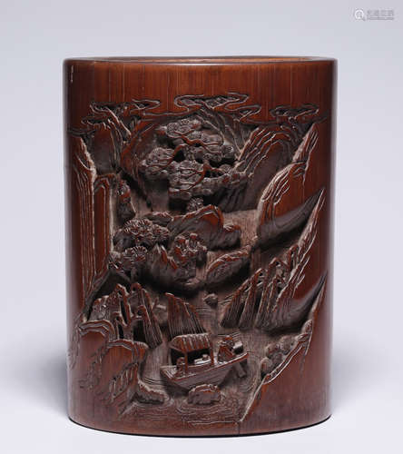 BAMBOO BRUSH POT CARVED WITH LANDSCAPE