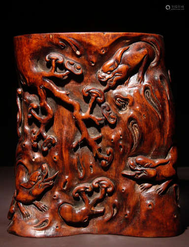 BAMBOO BRUSH POT CARVED WITH BEAST