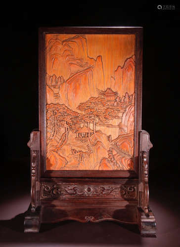 BAMBOO SCREEN CARVED WITH LANDSCAPE