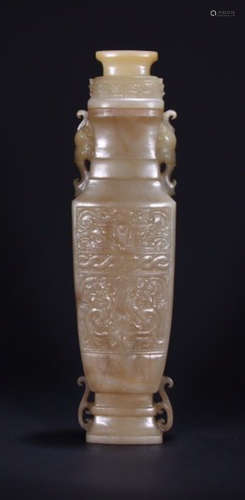 HETIAN JADE VASE CARVED WITH BEAST PATTERN