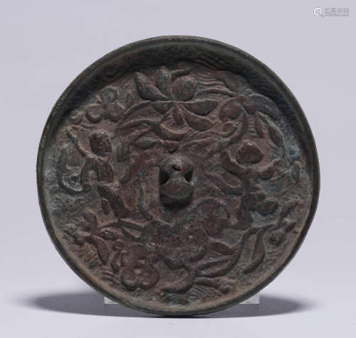 COPPER MIRROR CARVED WITH FIGURE&FLOWER