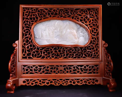 WOOD SCREEN EMBEDDED WITH HETIAN JADE