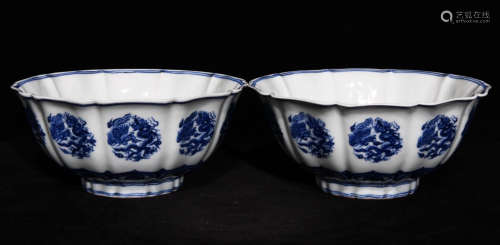BLUE&WHITE GLAZE BOWL PAIR PAINTED WITH DRAGON
