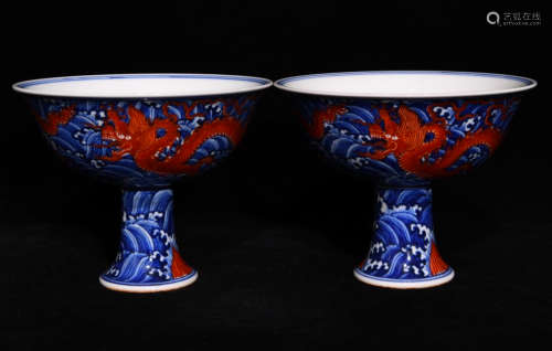 BLUE&RED GLAZE BOWL PAIR PAINTED WITH DRAGON