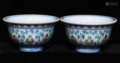 WUCAI GLAZE CUP PAIR PAINTED WITH FLOWER