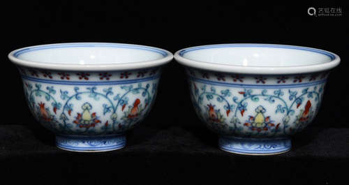 WUCAI GLAZE CUP PAIR PAINTED WITH FLOWER