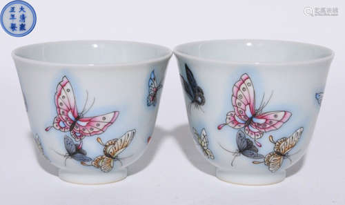 DAQINGYONGZHENGNIANZHI MARK FAMILLE ROSE GLAZE CUP PAIR