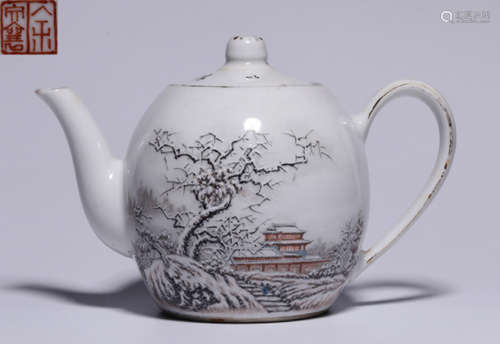 YUWENXIANG MARK WHITE GLAZE POT PAINTED WITH LANDSCAPE