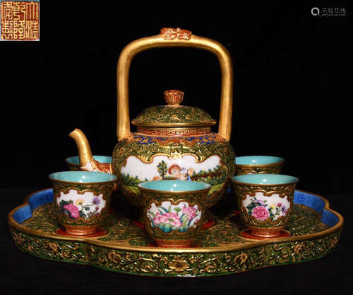 DAQINGQIANLONGNIANZHI MARK ENAMELED GLAZE POT&CUPS