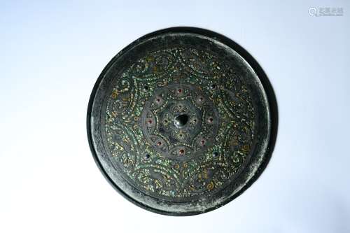 chinese bronze mirror inlaid with turquoise