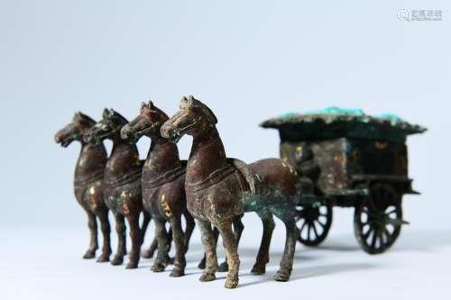 chinese bronze cart and horse inlaid turquoise