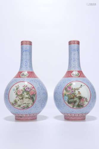 pair of chinese blue and white famille rose porcelain vases