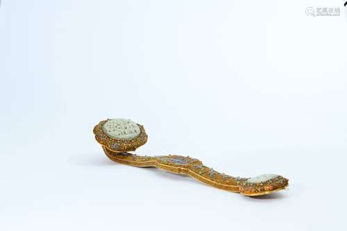 chinese bronze ruyi scepter inlaid with jade