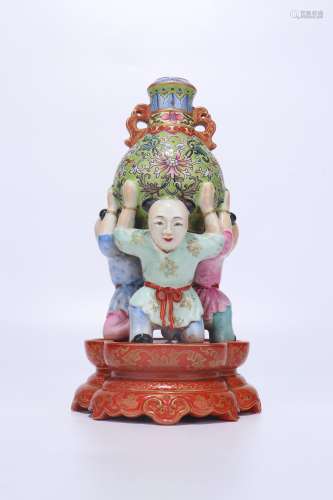 chinese famille rose porcelain vase with boy supported desig...