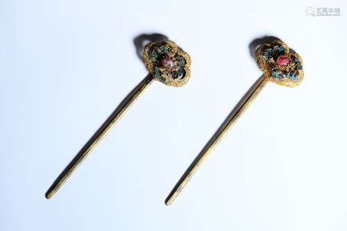 pair of chinese silver hairpins inlaid with gems