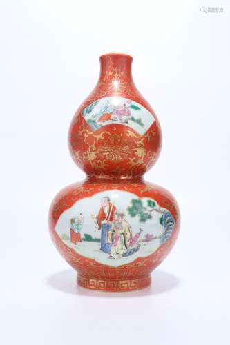 chinese red-glazed famille rose porcelain gourd vase