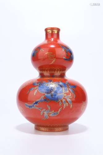 chinese coral-red glazed porcelain double gourd vase