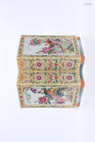 chinese yellow-ground famille rose porcelain brush pot