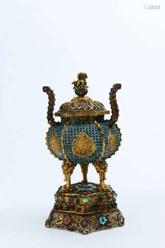 chinese bronze incense burner inlaid turquoise