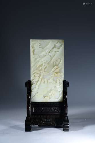 chinese jade table screen engraved scholar