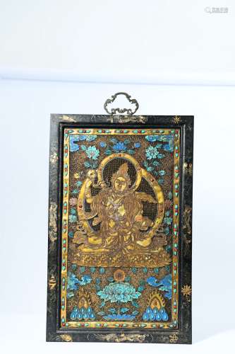 chinese bronze screen inlaid turquoise and agate