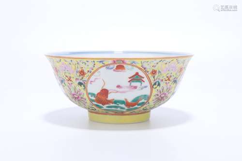 chinese yellow-ground famille rose porcelain bowl