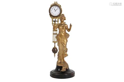 AN EARLY 20TH CENTURY GILT SPELTER FIGURAL SWINGING PENDULUM...