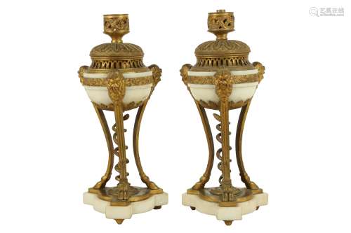 A PAIR OF LATE 19TH CENTURY FRENCH GILT BRONZE AND WHITE MAR...