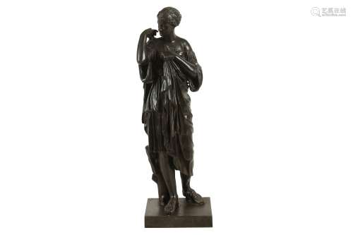 A LATE 19TH CENTURY FRENCH BRONZED SPELTER FIGURE OF DIANA D...