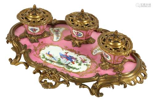 A MID 19TH CENTURY FRENCH GILT BRONZE AND SEVRES STYLE PORCE...