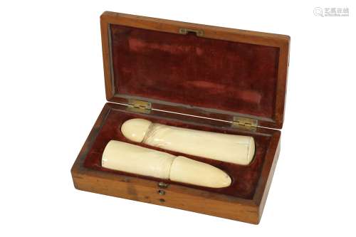 A 19TH CENTURY ENGLISH CARVED IVORY PHALLUS IN MAHOGANY CASE