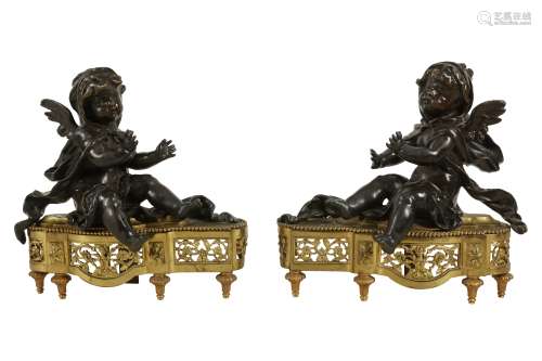 A PAIR OF MID 19TH CENTURY FRENCH BRONZE MODELS OF CHERUBS W...