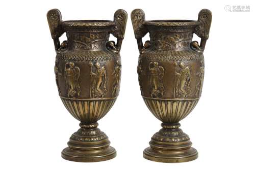 A PAIR OF 19TH CENTURY BRONZE NEO-CLASSICAL STYLE URN VASES