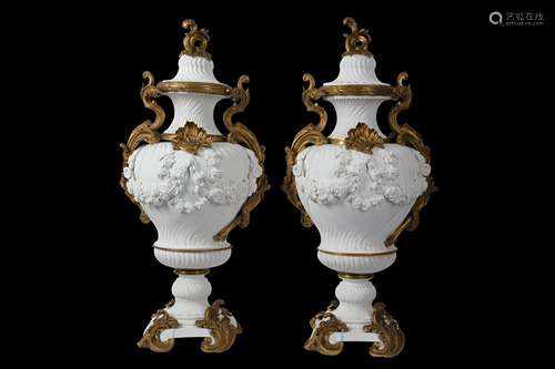 A PAIR OF VERY LARGE 19TH CENTURY SÈVRES STYLE BISCUIT PORCE...