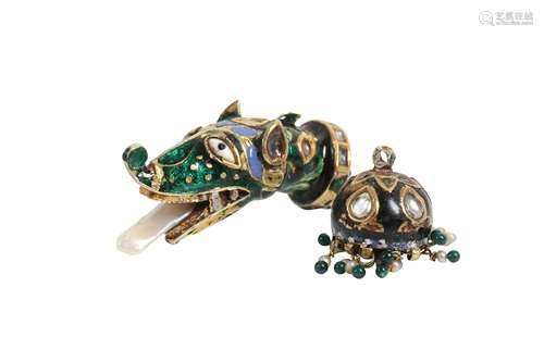 AN INDIAN ENAMELLED AND PEARL MOUNTED DRAGON PENDANT, PROBAB...