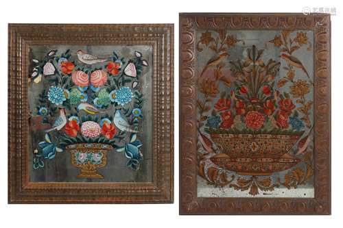 TWO PERSIAN QAJAR REVERSE PAINTED GLASS PANELS DEPICTING BIR...