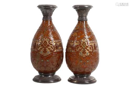 A PAIR OF LATE 19TH CENTURY FRENCH SILVER MOUNTED GLASS VASE...