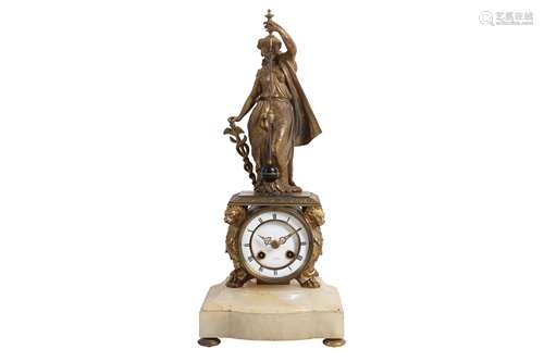 A GILT METAL AND ALABASTER FIGURAL CONICAL PENDULUM CLOCK