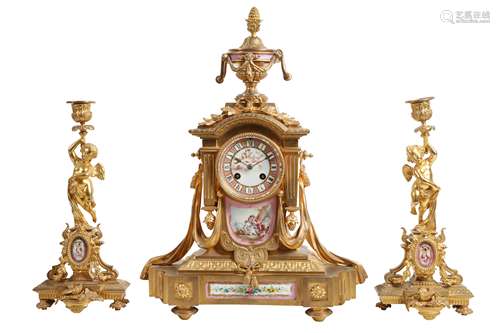 A LATE 19TH CENTURY FRENCH GILT BRONZE AND PORCELAIN CLOCK G...