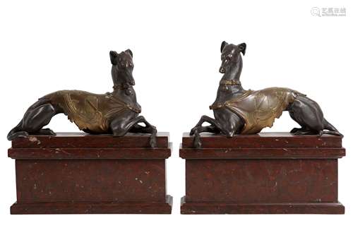 A PAIR OF LATE 18TH CENTURY ITALIAN BRONZE MODELS OF GREYHOU...