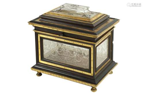 A FINE ITALIAN GILT BRONZE, EBONISED AND ROCK CRYSTAL CASKET...