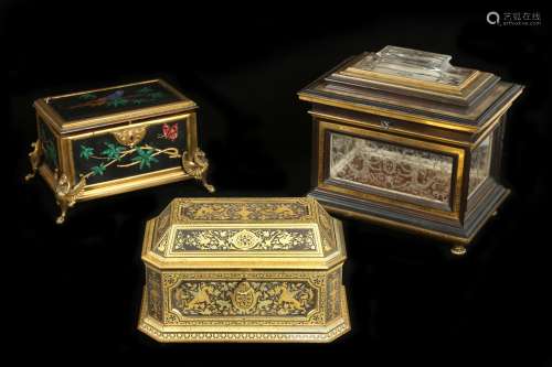 A LATE 19TH CENTURY GILT BRONZE AND PIETRE DURE INLAID CASKE...