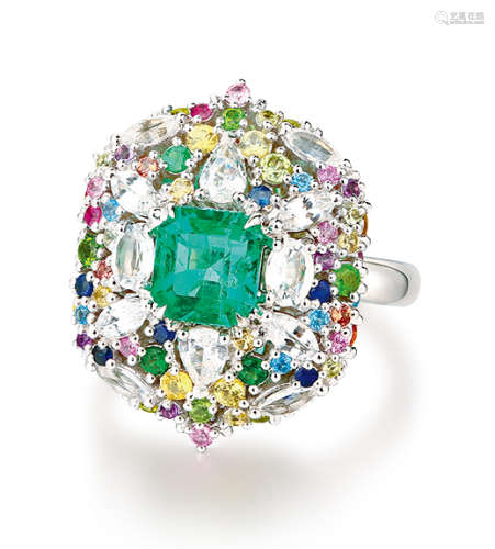 天然祖母绿配彩色蓝宝石及钻石戒指