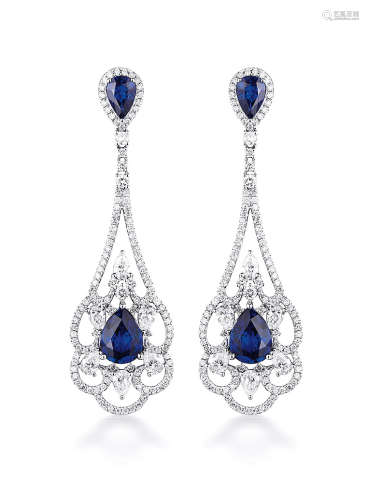天然「皇家蓝」蓝宝石配钻石耳环，未经加热