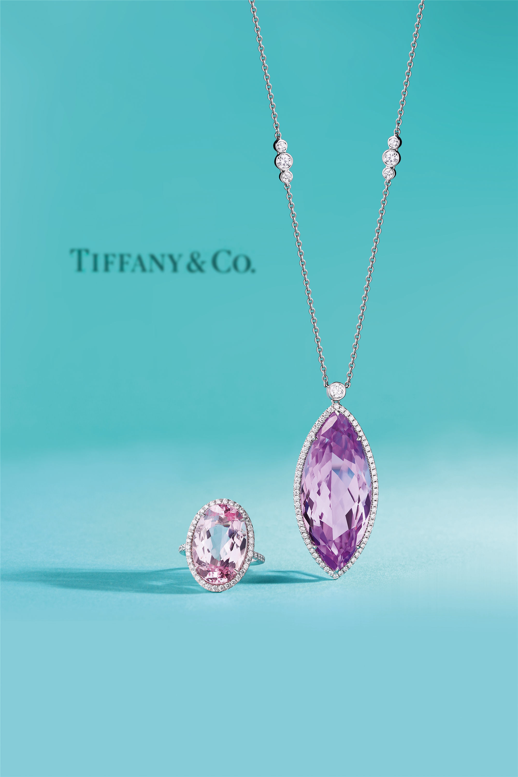 tiffany设计天然马眼型紫锂辉石配钻石吊坠