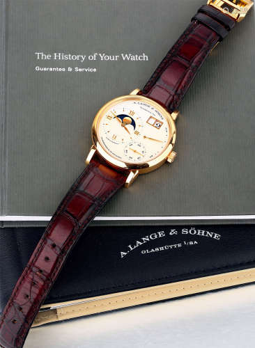 朗格，非常精美，玫瑰金机械腕表，配备月相显示，型号139.023，约2018...