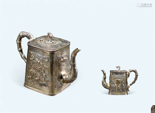 19世纪 银制浮雕三友图竹节柄壶