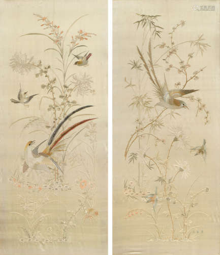 19世纪 广绣花鸟纹对屏